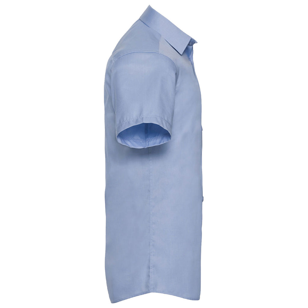 Russell Collection Men's Light Blue Short Sleeve Herringbone Shirt