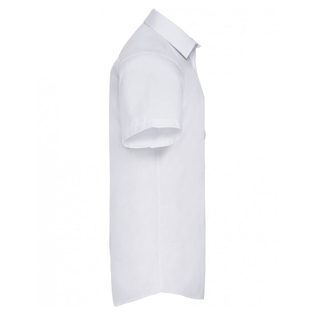 Russell Collection Men's White Short Sleeve Herringbone Shirt