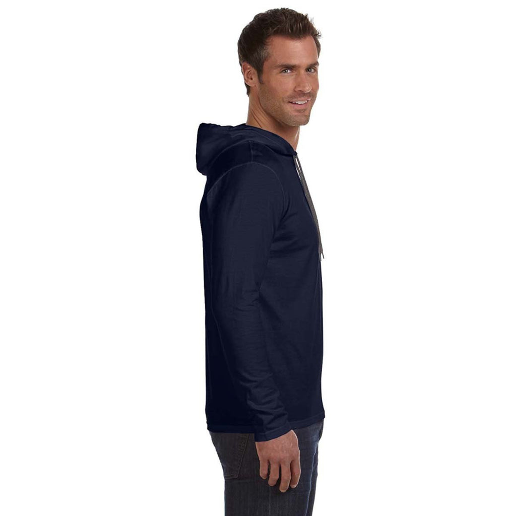 Anvil Men's Navy Lightweight Long-Sleeve Hooded T-Shirt