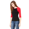 Bella + Canvas Women's Black/Red Stretch Rib 3/4-Sleeve Contrast Raglan T-Shirt