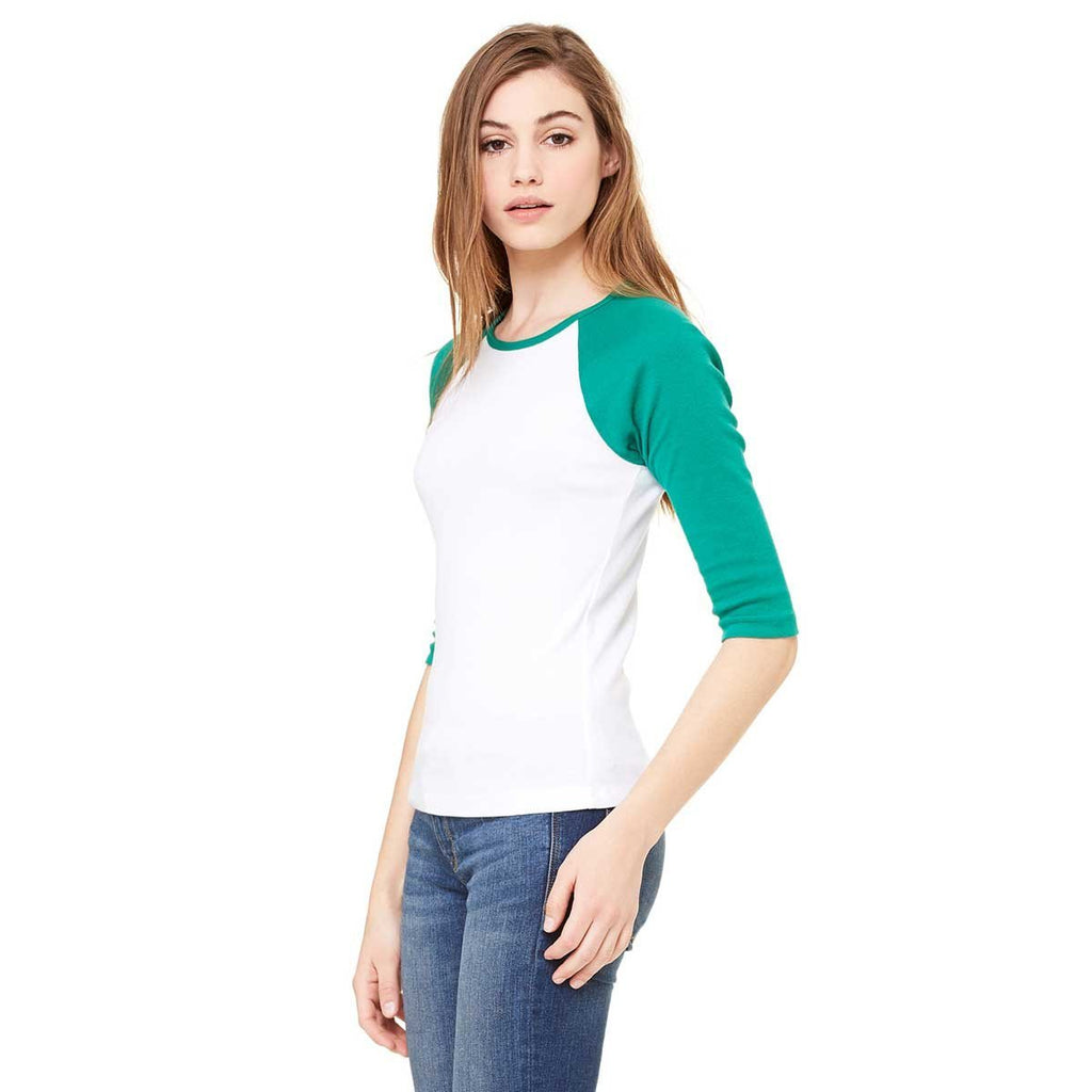 Bella + Canvas Women's White/Kelly Stretch Rib 3/4-Sleeve Contrast Raglan T-Shirt