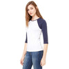 Bella + Canvas Women's White/Navy Stretch Rib 3/4-Sleeve Contrast Raglan T-Shirt