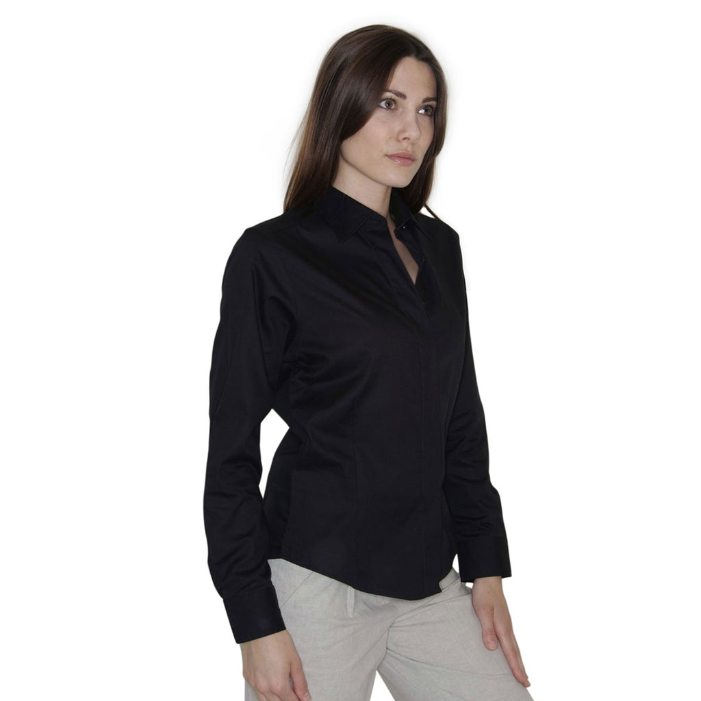 Henbury Women's Black Long Sleeve Pinpoint Oxford Shirt
