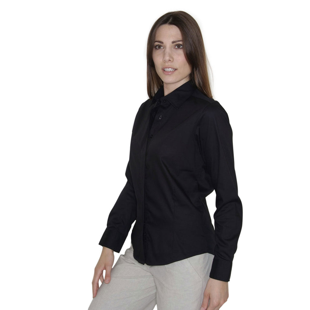 Henbury Women's Black Long Sleeve Pinpoint Oxford Shirt