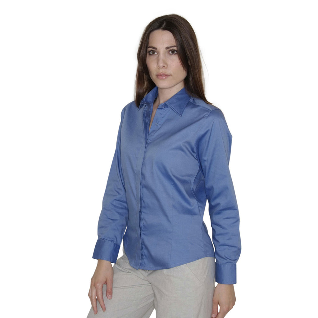 Henbury Women's Corporate Blue Long Sleeve Pinpoint Oxford Shirt