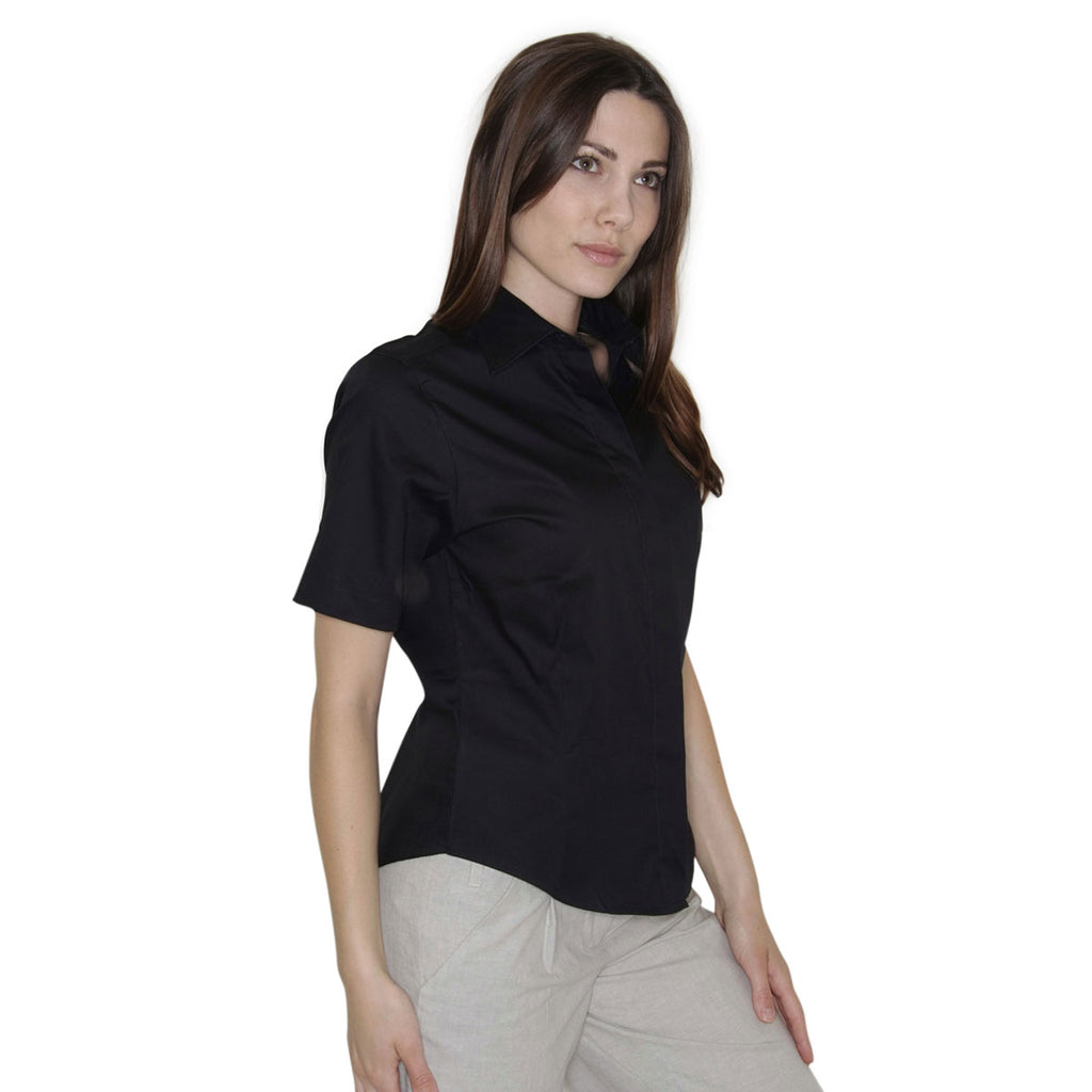 Henbury Women's Black Short Sleeve Pinpoint Oxford Shirt