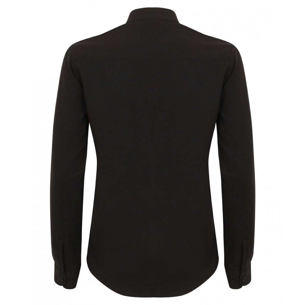 Henbury Women's Black Mandarin Roll Sleeve Anti-Bac Wicking Shirt