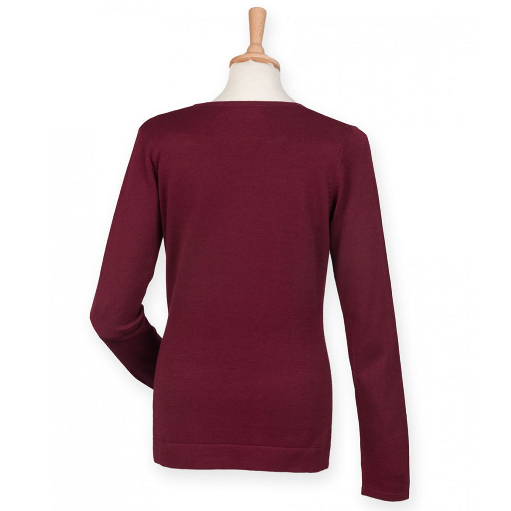 Henbury Women's Burgundy Lightweight Cotton Acrylic V Neck Sweater