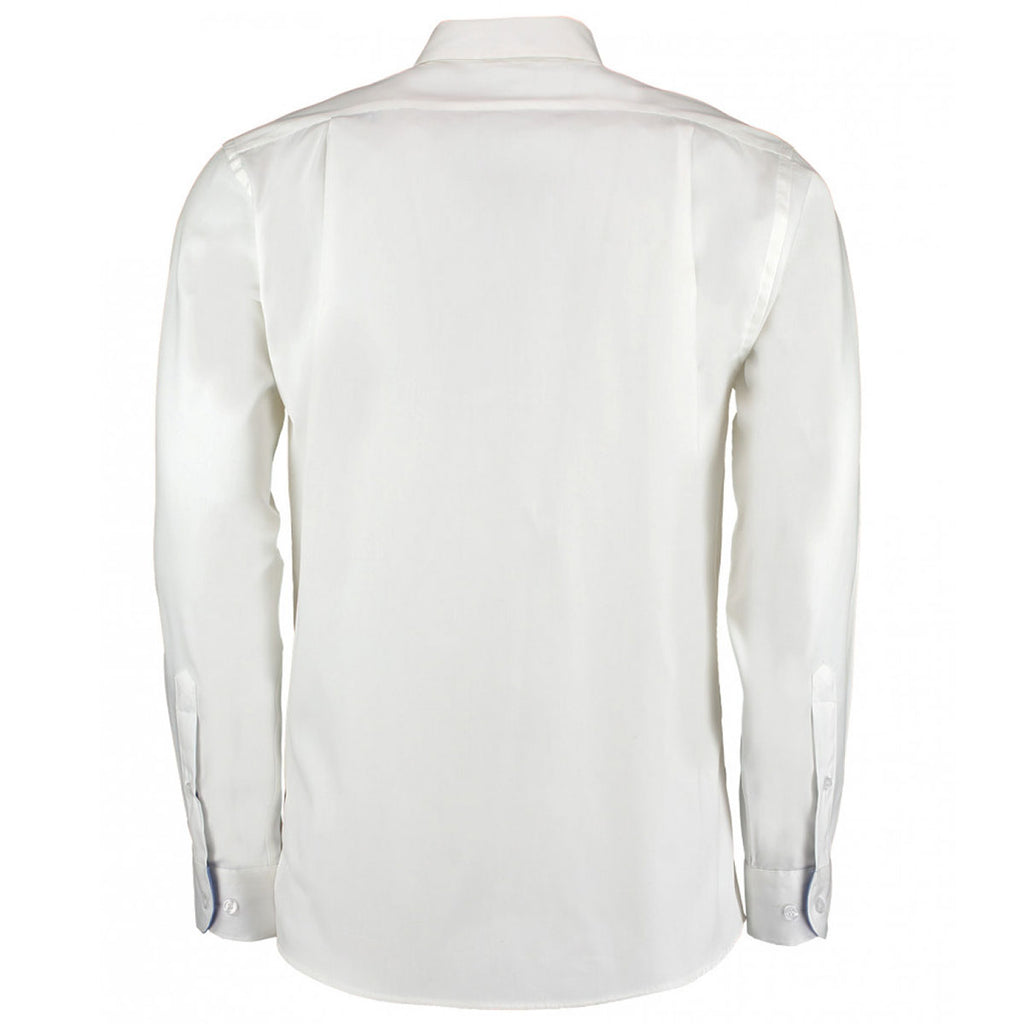 Kustom Kit Men's White/Mid Blue Premium Long Sleeve Contrast Tailored Fit Oxford Shirt