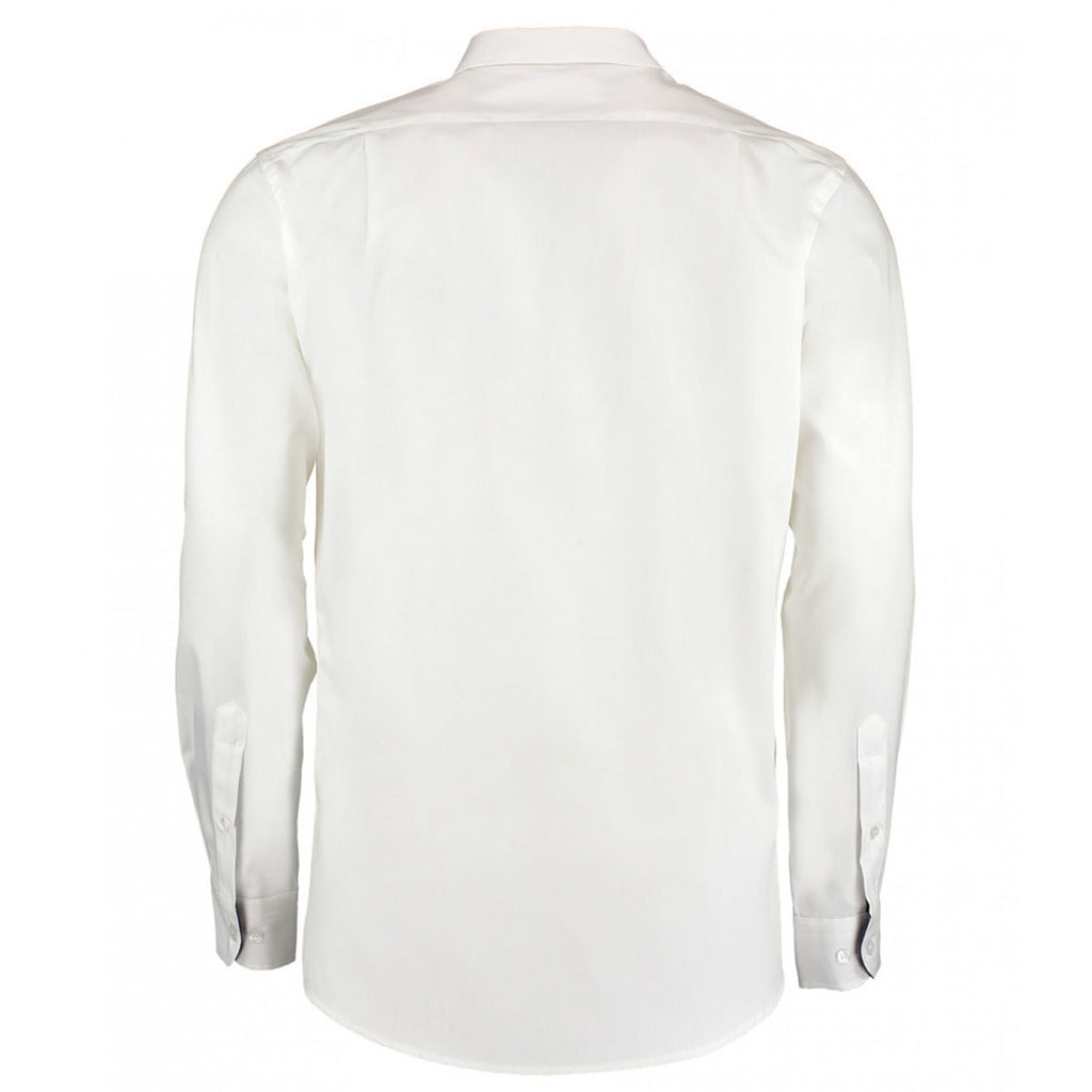 Kustom Kit Men's White/Navy Premium Long Sleeve Contrast Tailored Fit Oxford Shirt