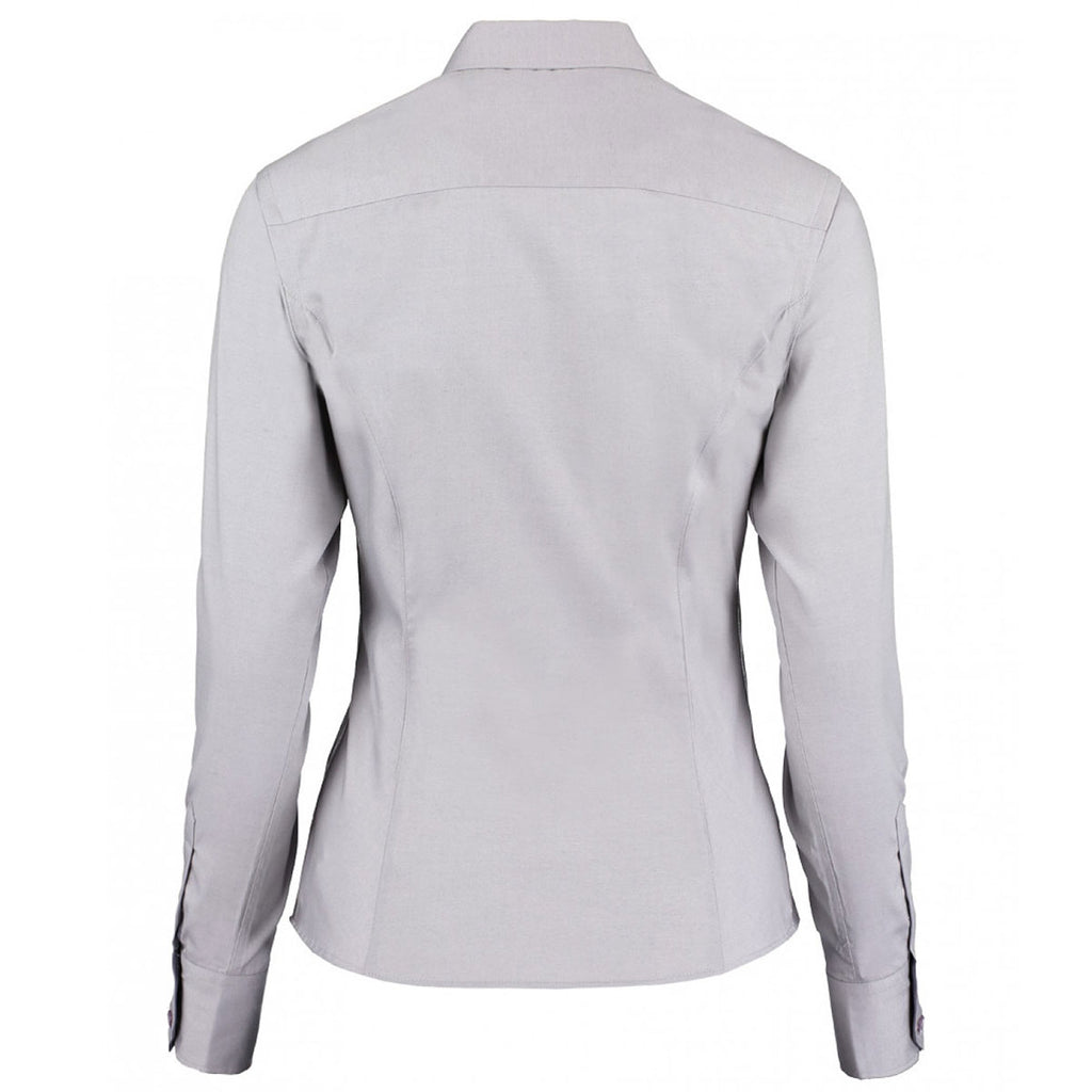 Kustom Kit Women's Silver/Charcoal Premium Long Sleeve Contrast Tailored Fit Oxford Shirt