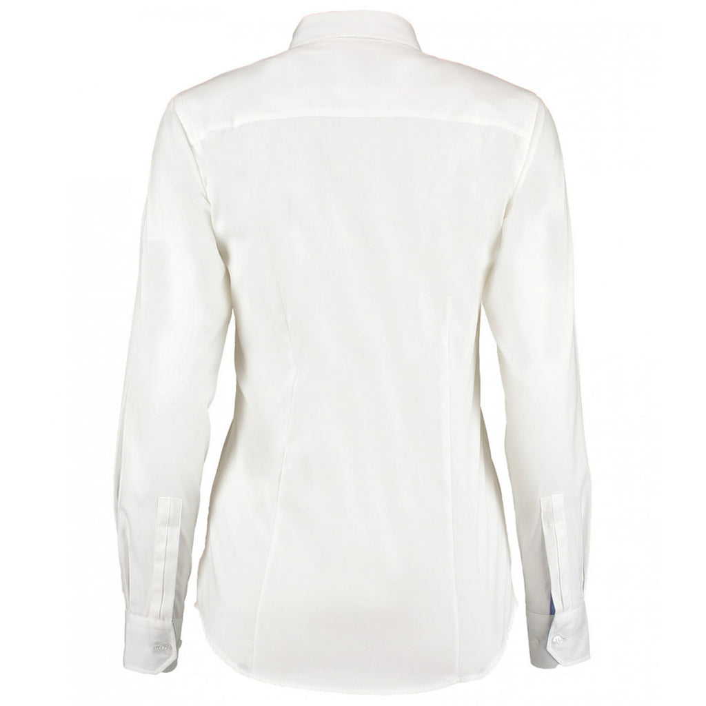 Kustom Kit Women's White/Mid Blue Premium Long Sleeve Contrast Tailored Fit Oxford Shirt