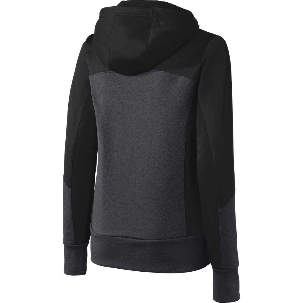 Sport-Tek Women's Black/Graphite Heather/Black Tech Fleece Colorblock Full-Zip Hooded Jacket