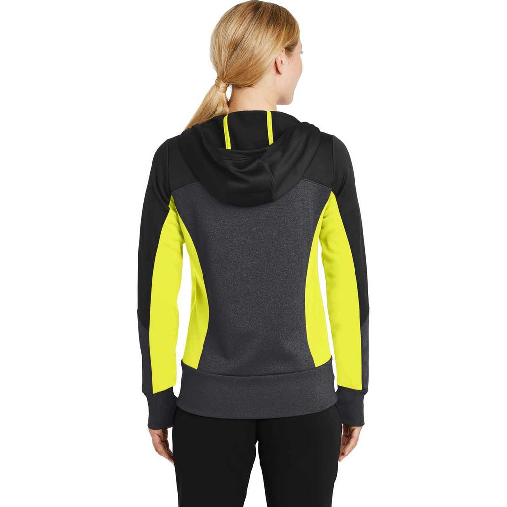 Sport-Tek Women's Black/Graphite Heather/Citron Tech Fleece Colorblock Full-Zip Hooded Jacket