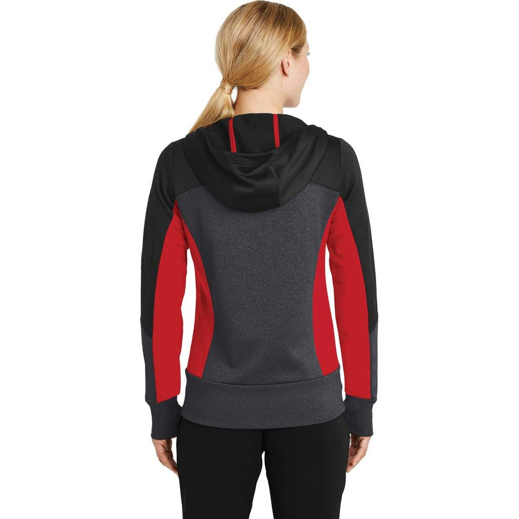 Sport-Tek Women's Black/Graphite Heather/True Red Tech Fleece Colorblock Full-Zip Hooded Jacket