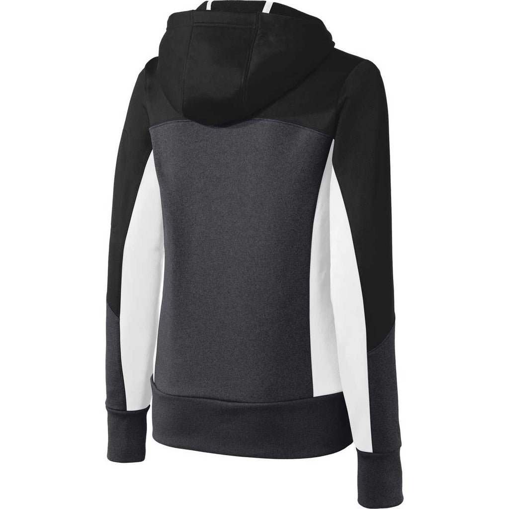 Sport-Tek Women's Black/Graphite Heather/White Tech Fleece Colorblock Full-Zip Hooded Jacket