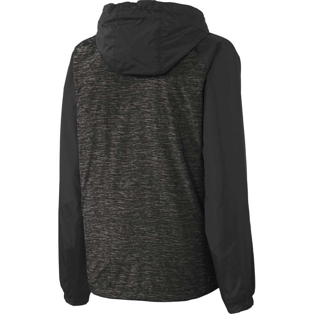 Sport-Tek Women's Black Heather/Black Heather Colorblock Raglan Hooded Wind Jacket