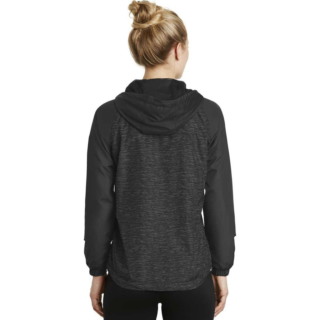 Sport-Tek Women's Black Heather/Black Heather Colorblock Raglan Hooded Wind Jacket