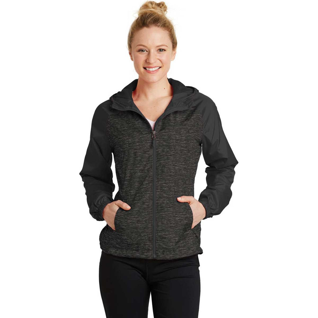 Sport-Tek Women's Black Heather/Black Heather Colorblock Raglan Hooded Wind Jacket