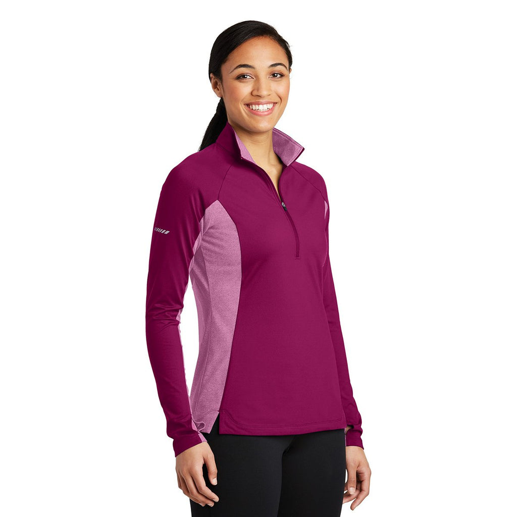 Sport-Tek Women's Pink Rush Heather Sport-Wick Stretch Contrast 1/2-Zip Pullover