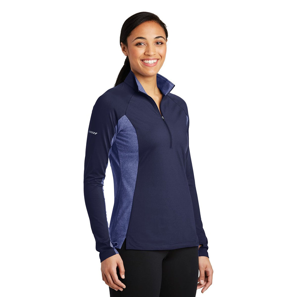 Sport-Tek Women's True Navy Heather Sport-Wick Stretch Contrast 1/2-Zip Pullover