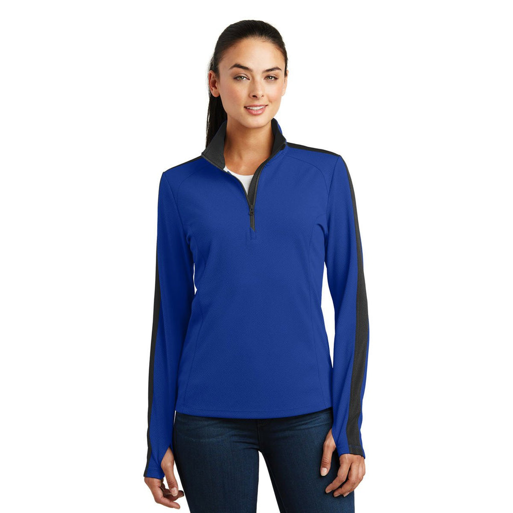 Sport-Tek Women's True Royal/Black Sport-Wick Textured Colorblock Quarter Zip Pullover